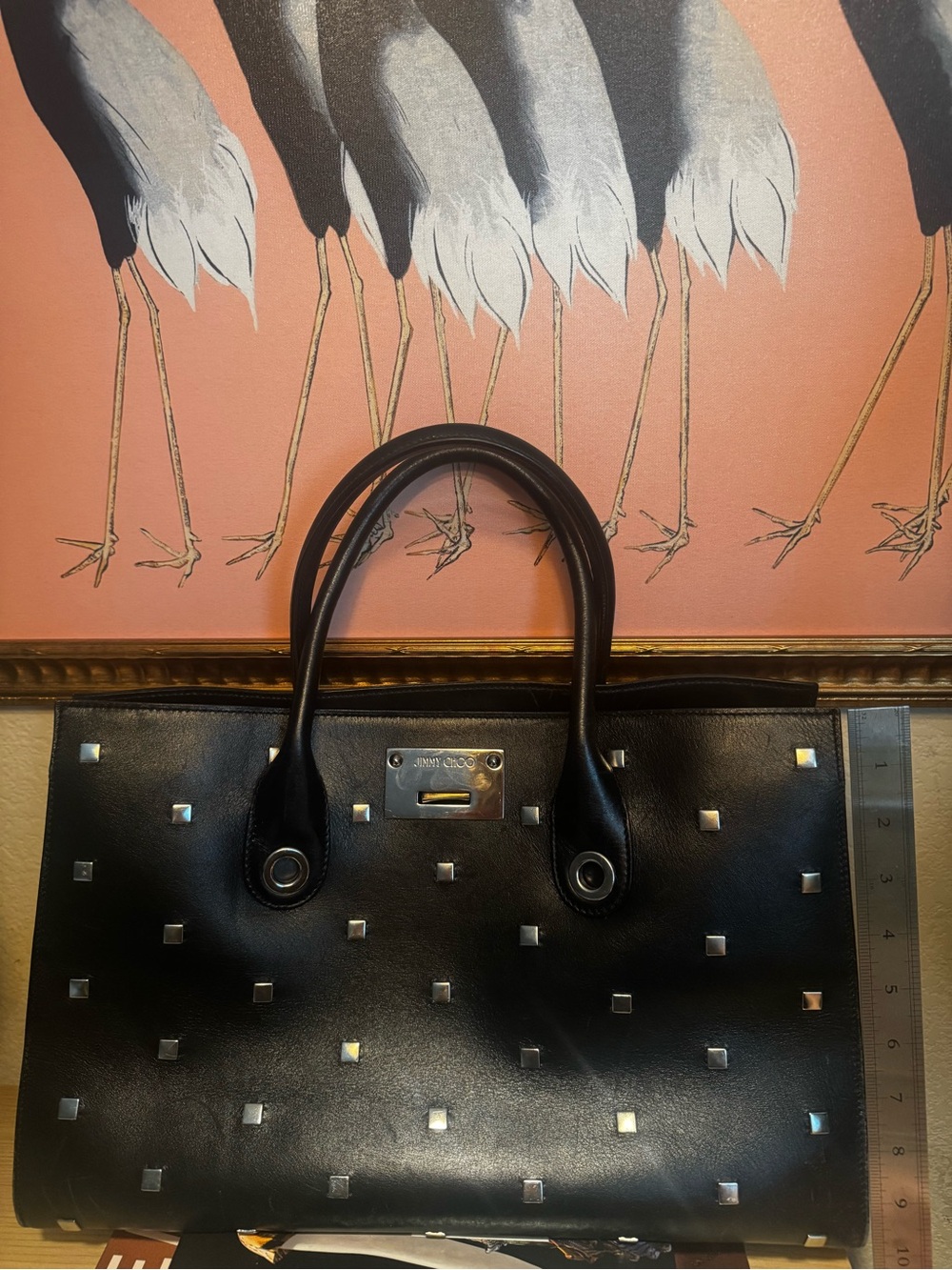 Jimmy Choo Black Studded Leather Tote Silver Hardware Structured Bag - Picture 7 of 9